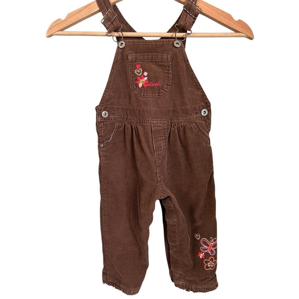 VTG Oshkosh B’Gosh Brown Corduroy Overalls Floral & Butterfly Embroidery 18 mo